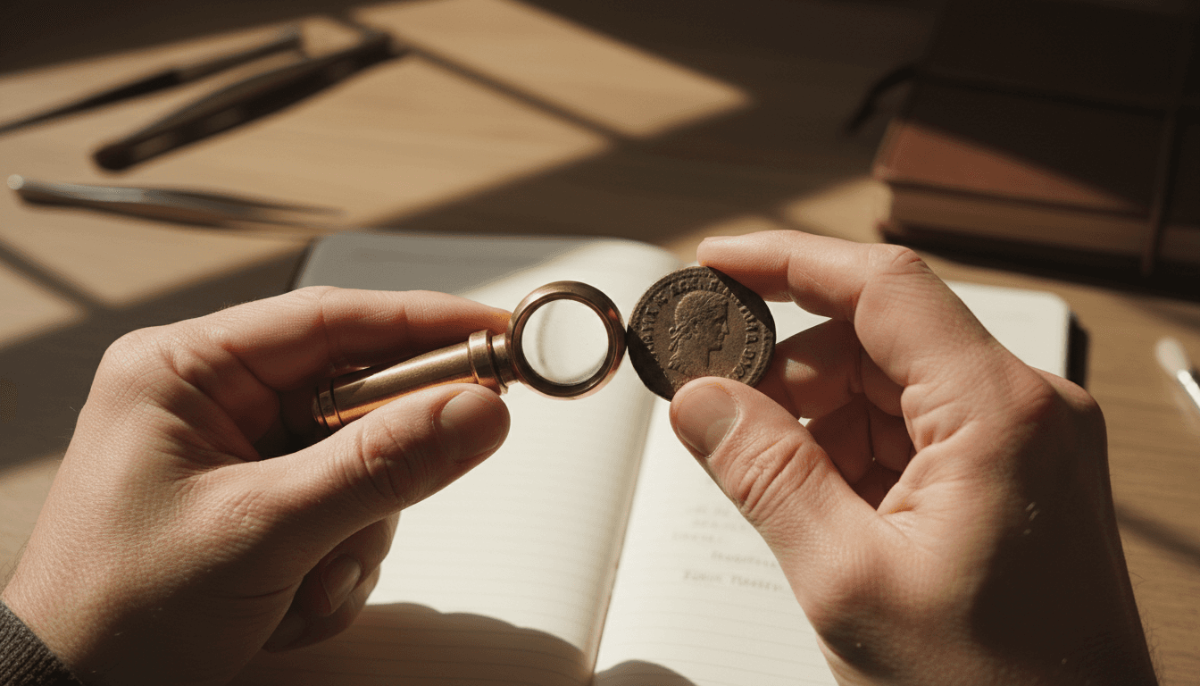 In-person coin examination with loupe