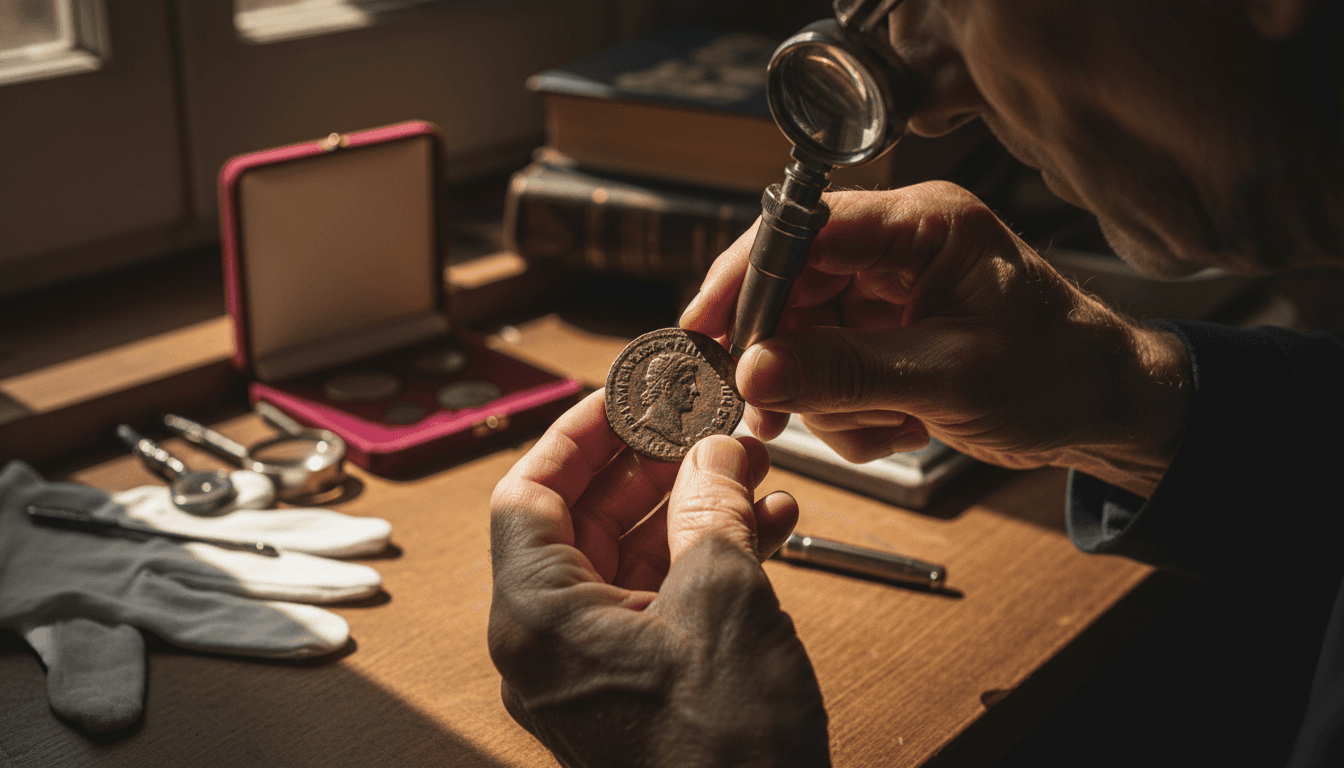 Hands examining a rare coin under magnification in professional lighting