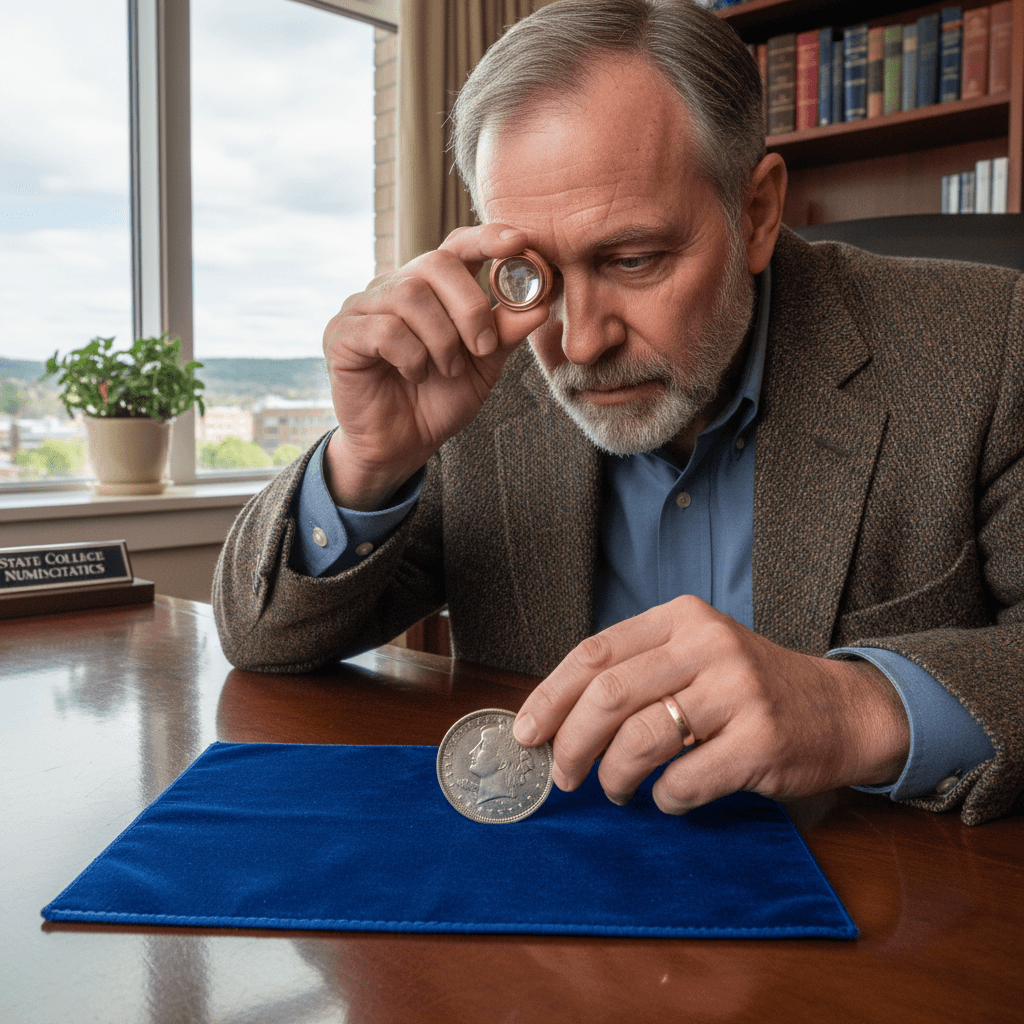 Experienced appraiser examining a coin with a loupe in a professional office setting.