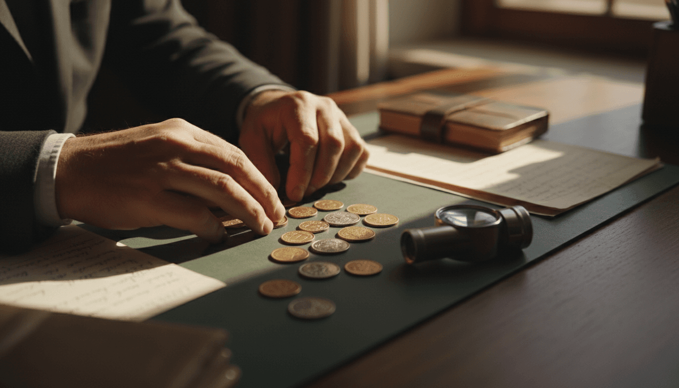 Collector's hands carefully examining rare coins during a professional appraisal