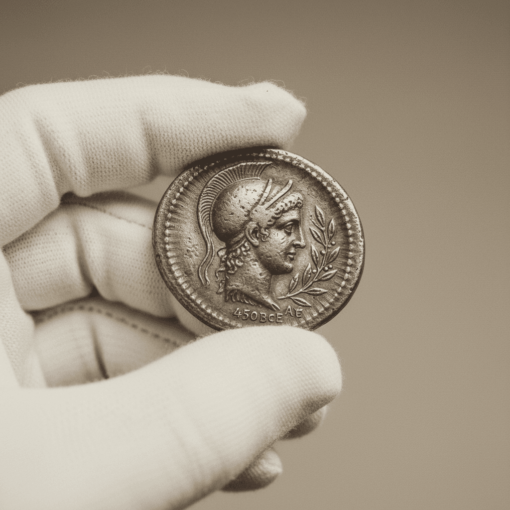 Experienced coin appraiser examining a rare coin with a jeweler's loupe at a wooden desk