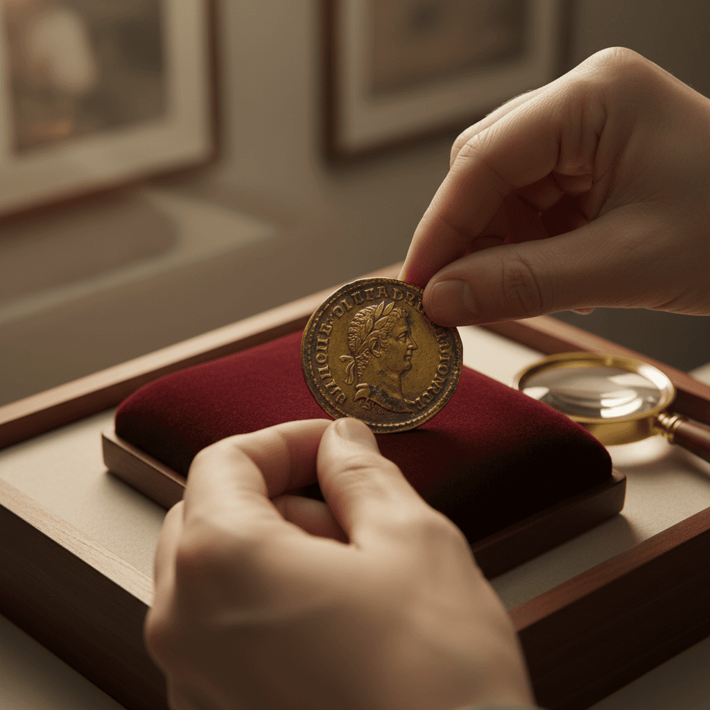 Rare coin being examined under jeweler's loupe