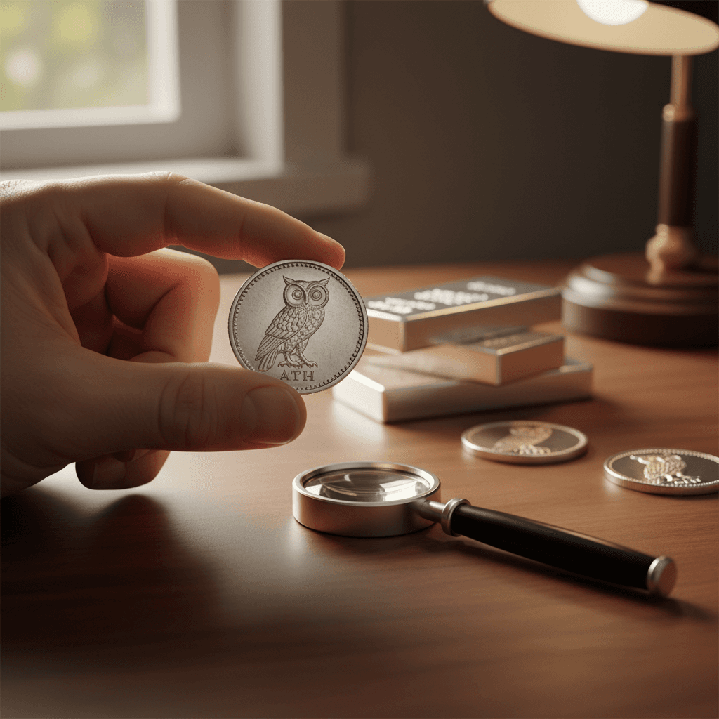 Rare coin appraiser examining a coin under magnification in office